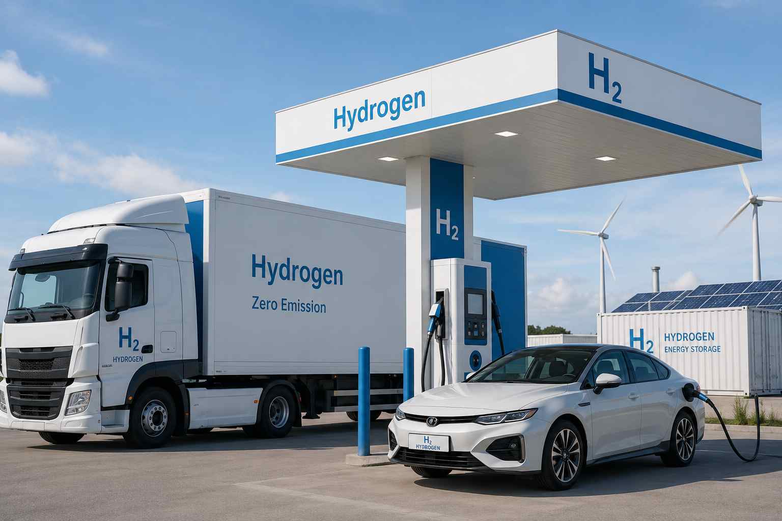 hydrogen fueling station with a truck and a passenger car beside the hydrogen dispensers.